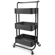Homchwell 3 Tier Metal Utility Rolling Cart with Lockable Wheels, Multifunction