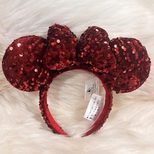 Disney- Parks Dark Red Velour Sequin Minnie Ears Bow Mickey Mouse Headband NWT