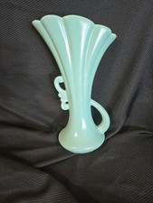 Vintage Aqua Fan Vase with Double Handles - Made in USA Monmouth Pottery?