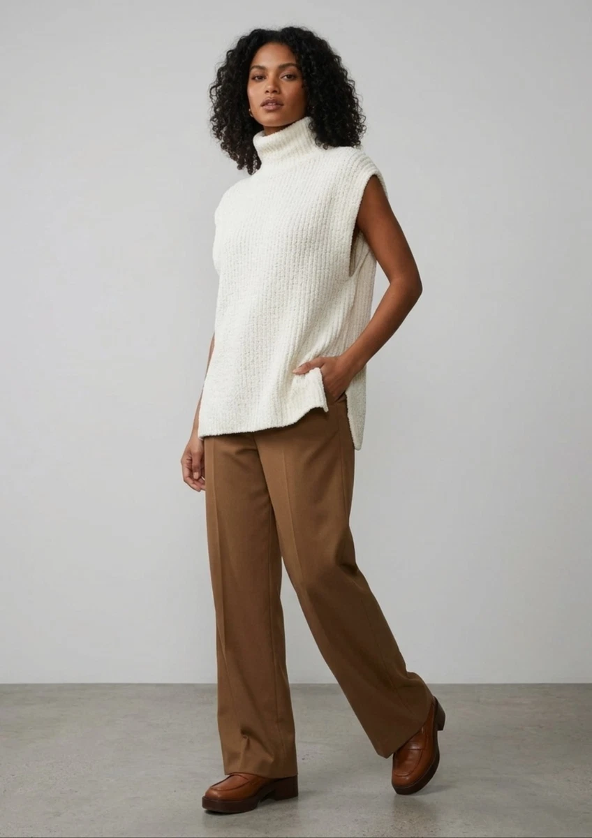 ZARA Cream Chenille Turtleneck Sweater Vest Knit Sleeveless Top Ivory  Cream L