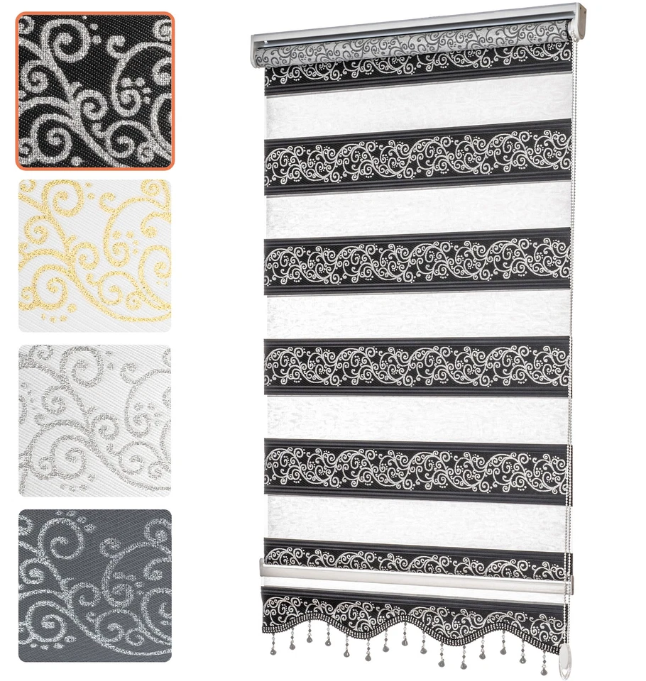 Doppelrollo ohne Bohren Duorollo Klemmfix Fensterrollo Zebra Rankenmuster Perlen - Bild 2 von 4