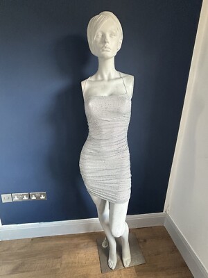 Oh Polly Silver Embellished Diamante Ruched Mini Dress size UK