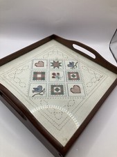Beautiful Small Handled Wood Tray With PlexiGlass Framed Vtg Needlepoint 1930s.