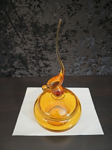Vintage MCM Viking Glass Amber 12” Long Tail Bird Candy Dish Stunning - Picture 6 of 12