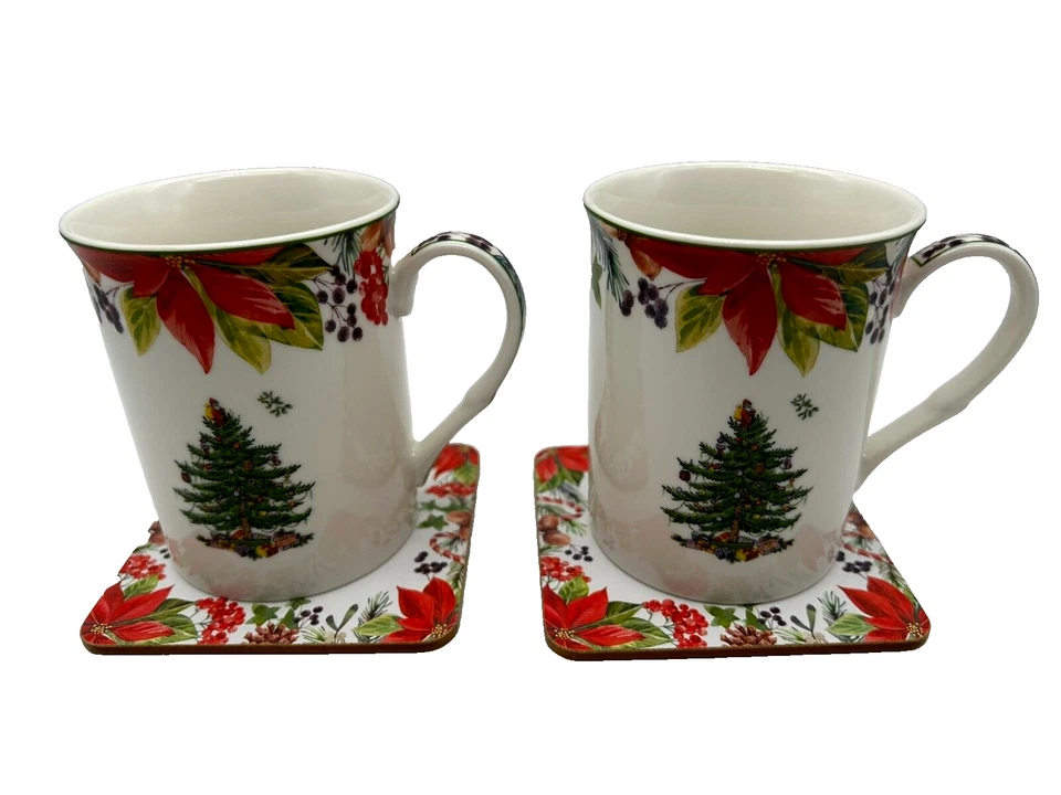 2 Spode Christmas Tree Tea Coffee Cups with Coasters In Metal Decorative Tin Set - Image 2 of 4