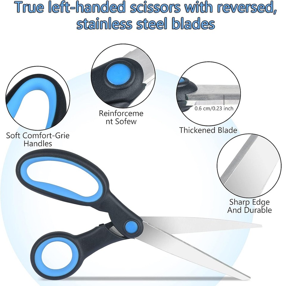 Left Handed Scissors for Adults Kids Student, 8 Inch Lefty Black/Blue
