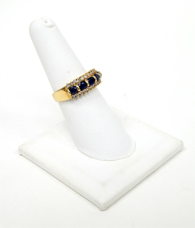 DNJ Signed 14k Yellow Gold Ring w Blue Sapphires & 1/3cttw White Diamonds