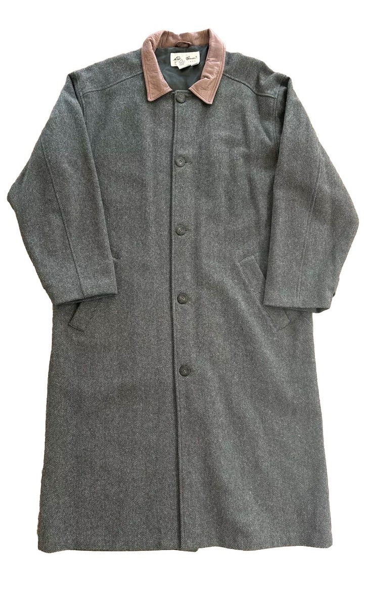 EDDIE BAUER / 90s/コート/M/--/GRN/無地 Vtg EDDIE BAUER Wool Herringbone Green Leather Overcoat Trenchcoat
