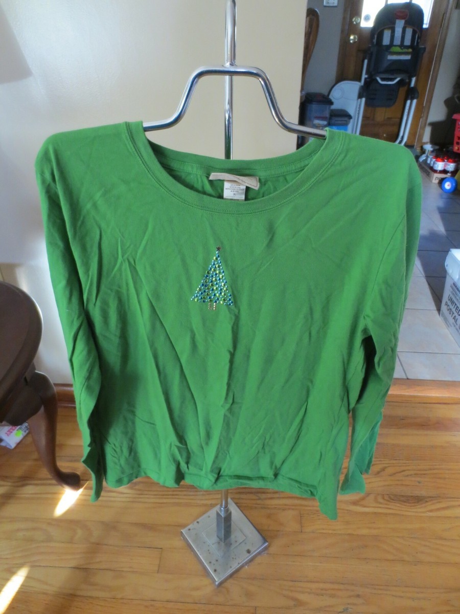 Women's M & C Sportswear Green Long Sleeves W/Xmas Tree Top Size