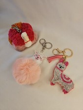 Lote de 3 Llaveros Alpaca/Llama Poof Ball Pom Pom Rosa y Blanco Bling Joyas