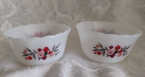 Vintage Fire King Milk Glass Primrose Pattern Custard Cups Ramekin Bowls 2 Set