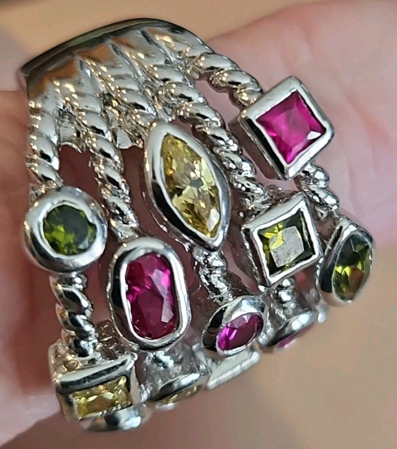 Big Statement Unique Silver Tone Multicolor Stone… - image 8