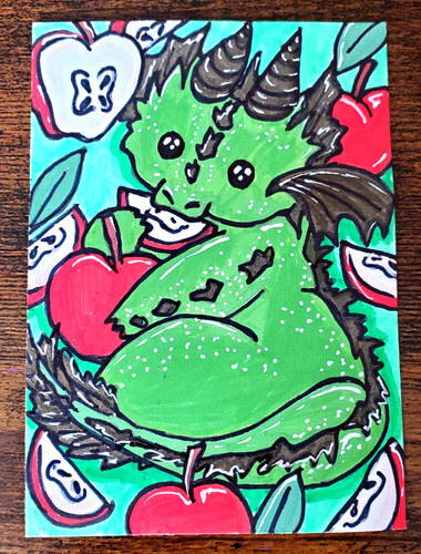 ACEO Original Painting Apple Dragon Cute Green Dragon Art