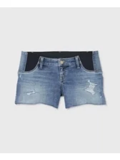 NWT Isabel Maternity Expandable Panel Midi Distressed Denim Shorts Size 12