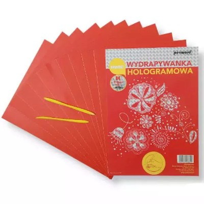 5902557428229 Wydrapywanka hologramowa A4 (10 arkuszy) srebrno-czerwona + 2 rylc