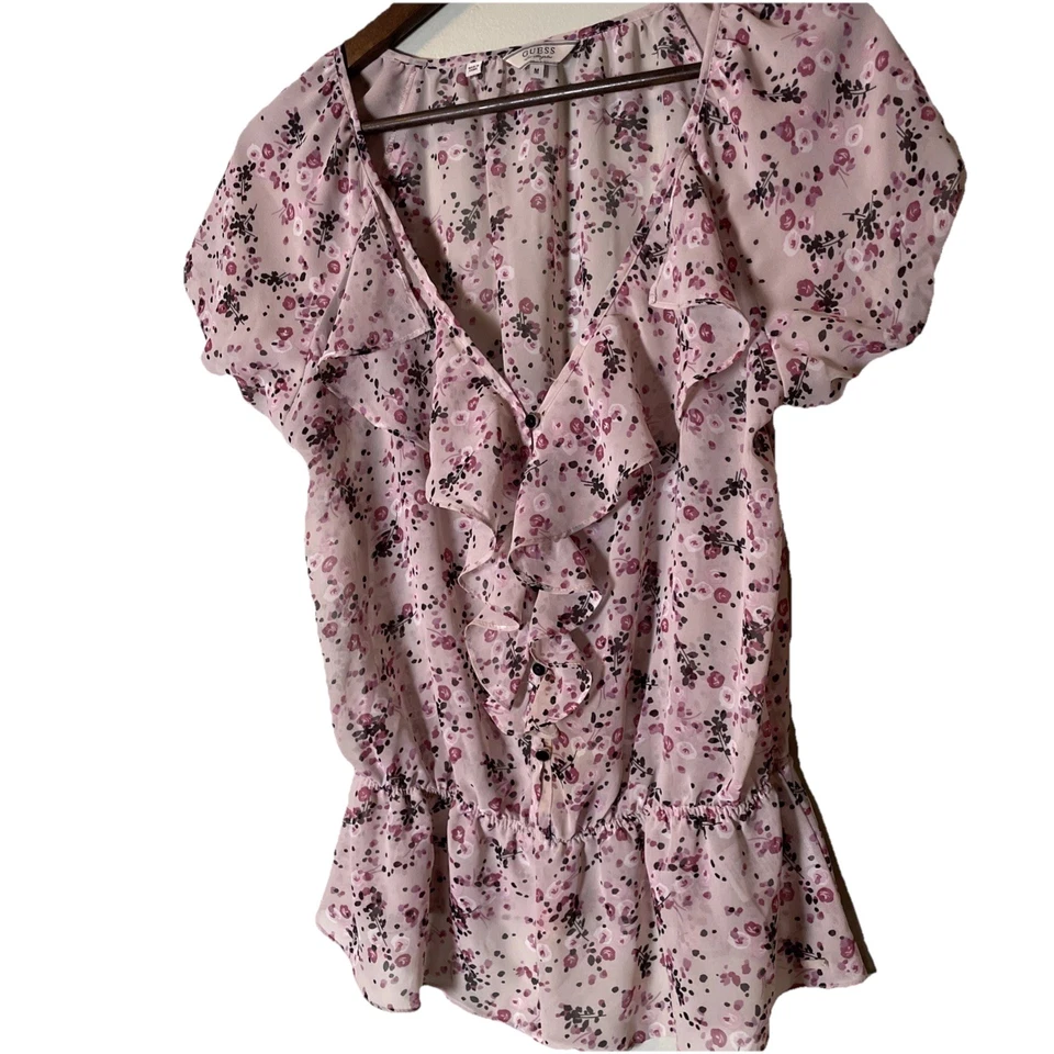 VTG 90s GUESS Blouse Top Women’s Size Medium Pink Black Floral Chiffon Ruffle - Image 2 of 4