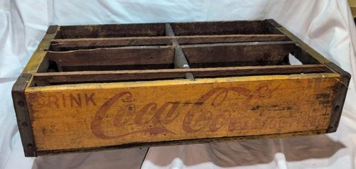 Vintage 1950's Coke Coca Soda Bottle Yellow & Red  Writing Wooden Crate Carrier