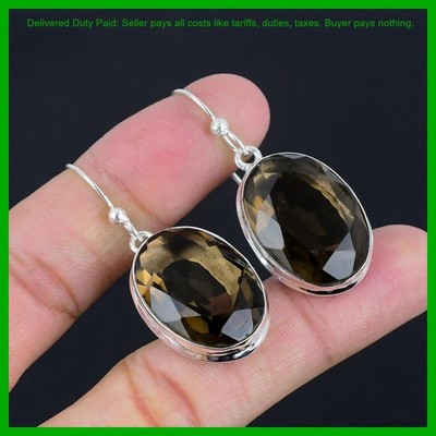 Oval Smoky Quartz Gemstone Dangling Bezel Hook Earrings Jewelry Sterling Silver