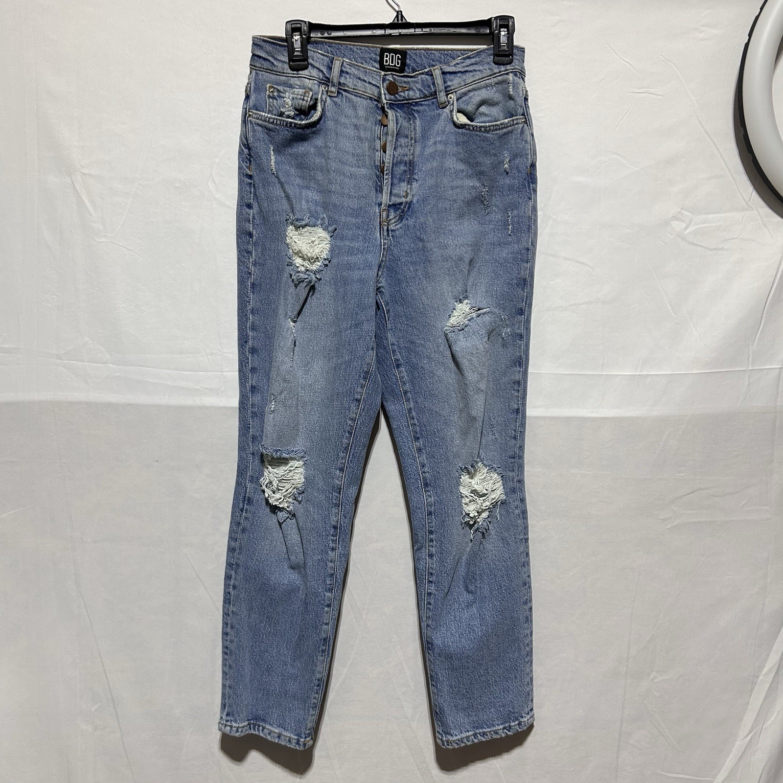 BDG Mom Jeans Womens 28 Blue Denim High Rise Slim Straight Distressed Button Fly-image