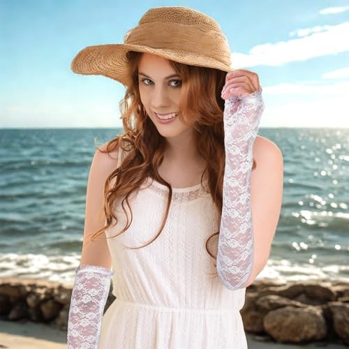 Lusofie Long Lace Gloves Formal Fingerless Women Bridal Lace Floral White