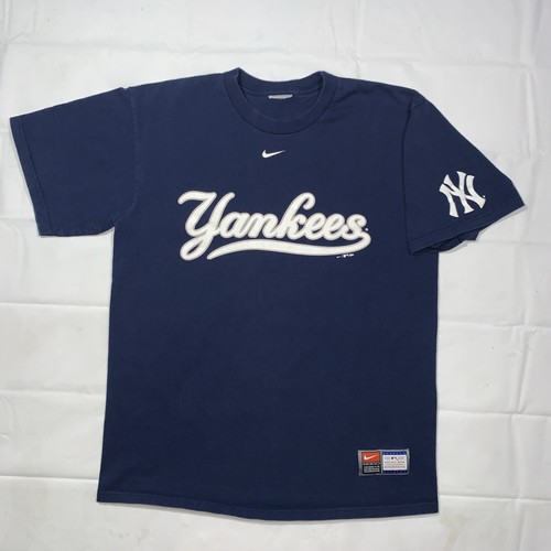 Vintage New York Yankees Shirt Men Medium Blue Tee Nike Center Swoosh Script Y2K