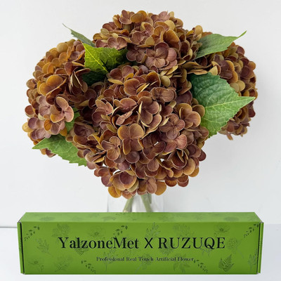 4 PCS Brown Hydrangea Artificial Flowers 21'' Real Touch Faux Latex Bronze Hydra