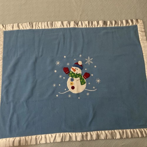 Fleece Blanket ~38”x30” appliquéd Embroidered Snowman & Snowflakes Satin Binding