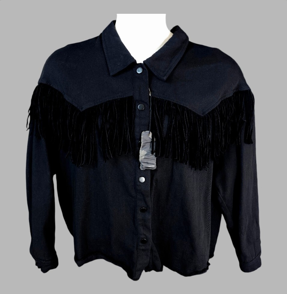 Y2K Forever 21+ Black Denim Western Cropped Jacket Fringe PLUS XL
