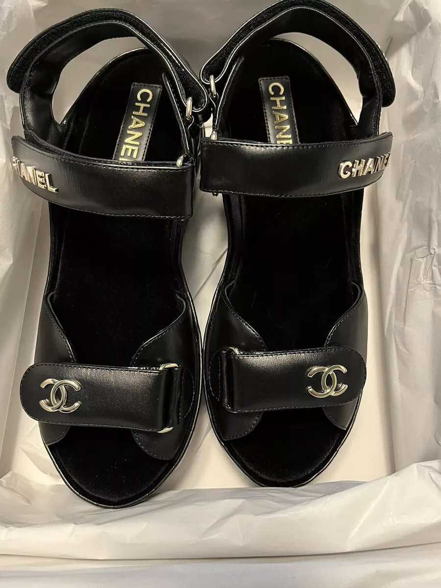 🔥BNIB Authentic CHANEL Matelasse Black Shiny Calf Skin Sandals, Sz 42  (rare)