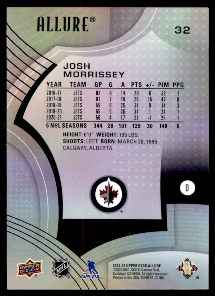 2021-22 Upper Deck Allure Josh Morrissey Winnipeg Jets #32 - Image 2 of 2