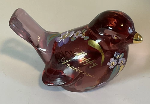 Fenton Happy Anniversary Ruby Red Hand Painted Bird w/Foil Label & Signed