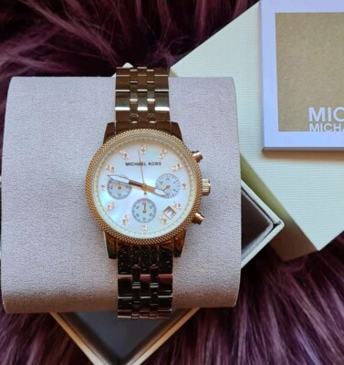 wie NEU Michael Kors Damen Uhr RITZ Weiß Perlmutt Zifferblatt IP Gelbgold 36mm 