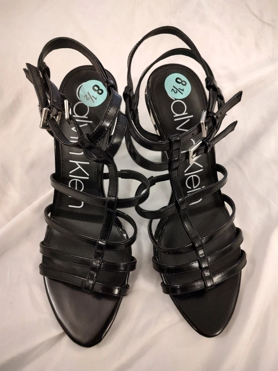 Calvin Klein Women s GILI BOX Heeled Sandals Black Leather Sz 8.5