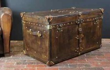 English Handmade bridle leather trunk coffee table in mid brown luxury belted