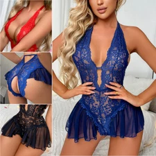 Womens Open Crotch Lingerie Deep V Lace Halter Bodysuit Teddy Babydoll Nightwear