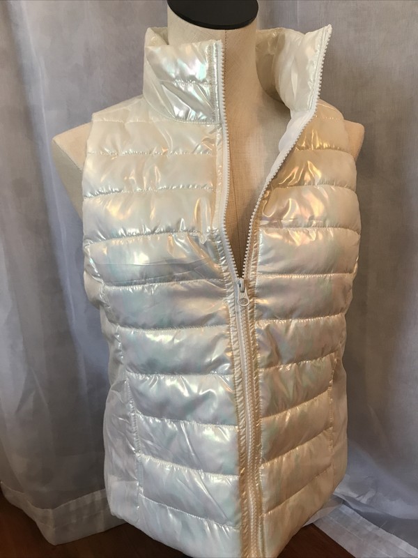 Live Love Dream Woman’s Puff  Vest Zip Pockets Coat Jacket White Iridescent Ski