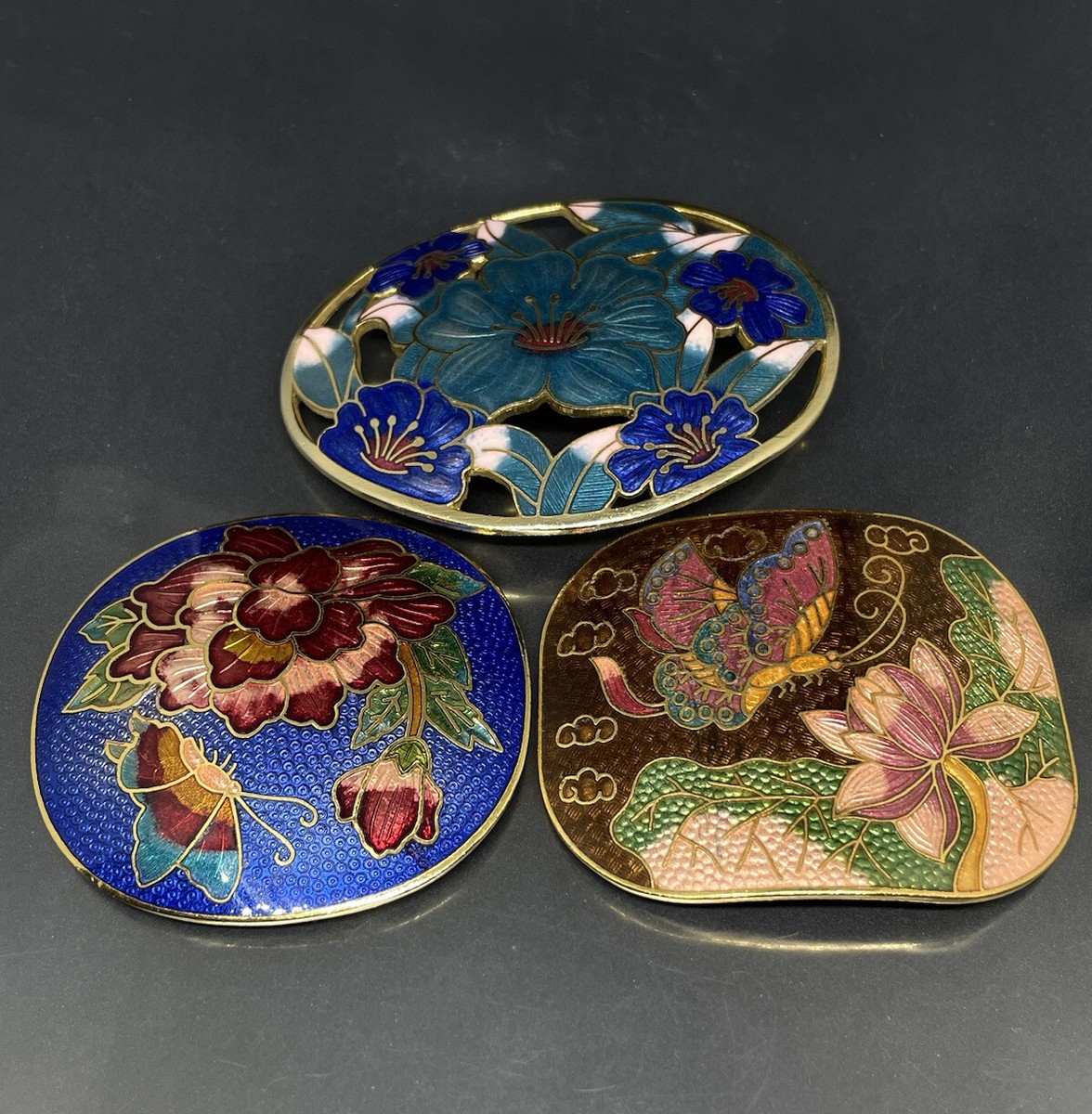 Vtg Cloisonné Belt Buckle Lot Of 3 Multicolored Enamel  display picture 2