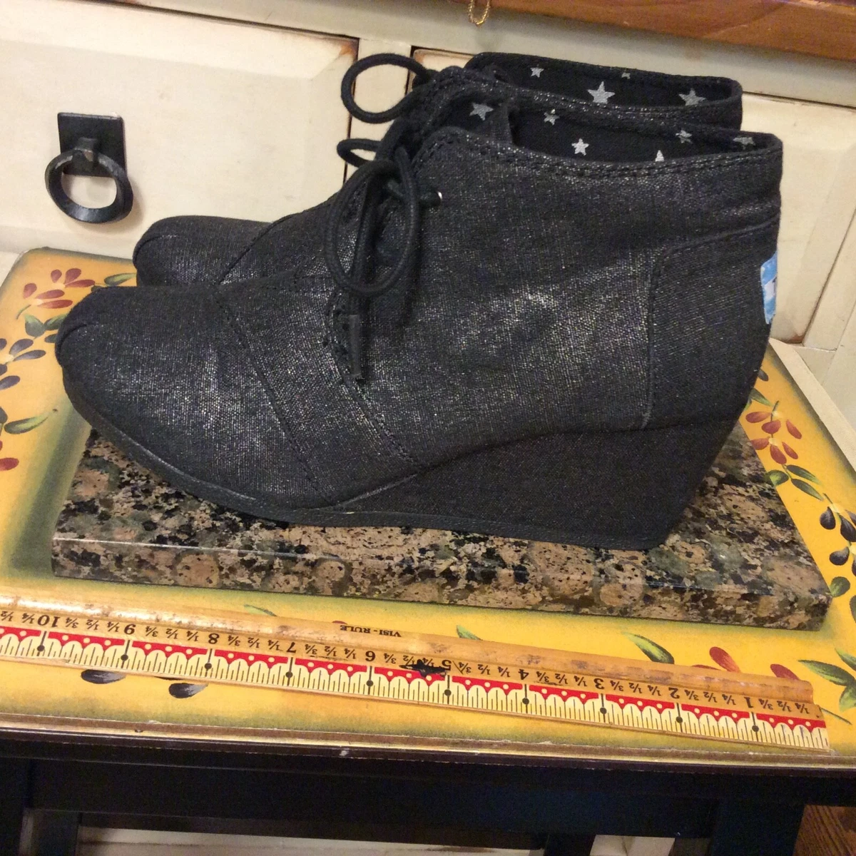 Toms 300813 Women s Black Fabric Design Desert Wedge Lace Up Ankle