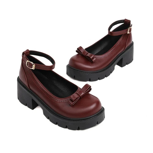 Zapatos de salón Lolita gruesos de tacón bajo Mary Jane con hebilla y punta redonda con moño para mujer - Imagen 6 de 16