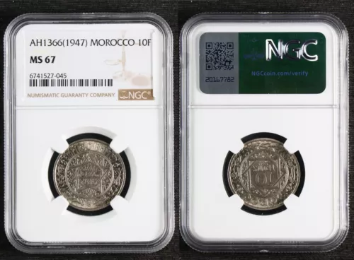 AH1366 1947 MOROCCO 10F NGC MS 67 Top Pop