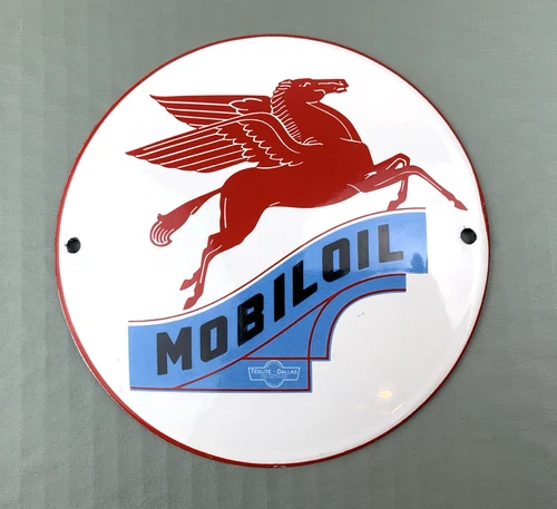 VINTAGE MOBILOIL 6" DOME MOTOR OIL PETROLEUM PORCELAIN GAS PUMP STATION SIGN