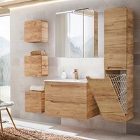BadmöBel Komplett Set In Wotaneiche Waschtisch Led-Spiegelschrank Hochschrank