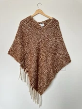 Joan Vass Womens One Size Brown Marled Fringe Trim Poncho