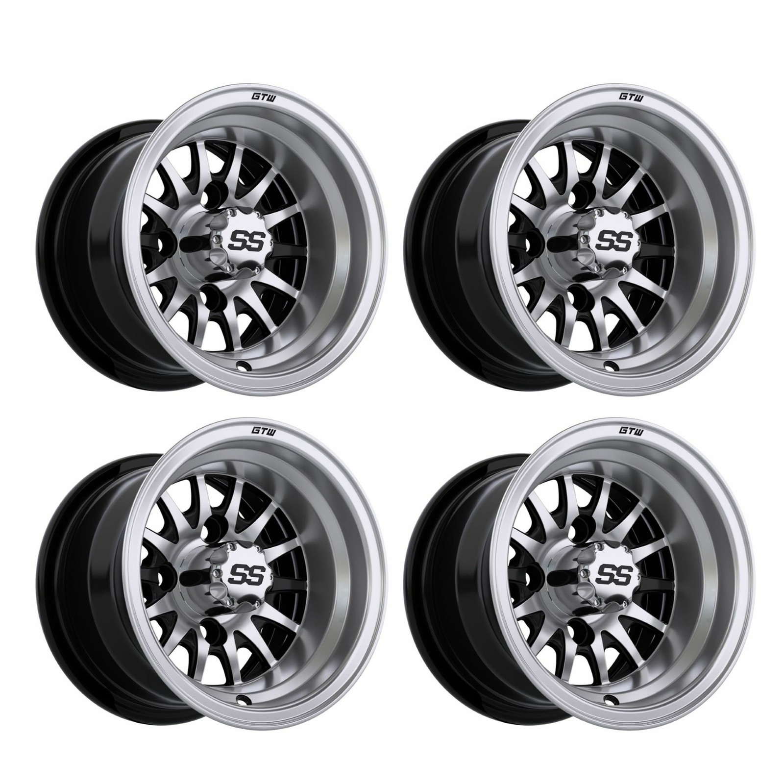 Set of 4 Golf Cart GTW Medusa Machined and Black 10 Inch Wheel With 3:4 Offset