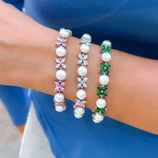 Women Elegant Silver Plated Flower Cubic Zirconia Wedding Pearl Bracelet Jewelry