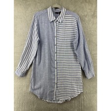 TAHARI Shirt Dress M Blue Linen Striped Collared Button Front Tab Long Sleeves
