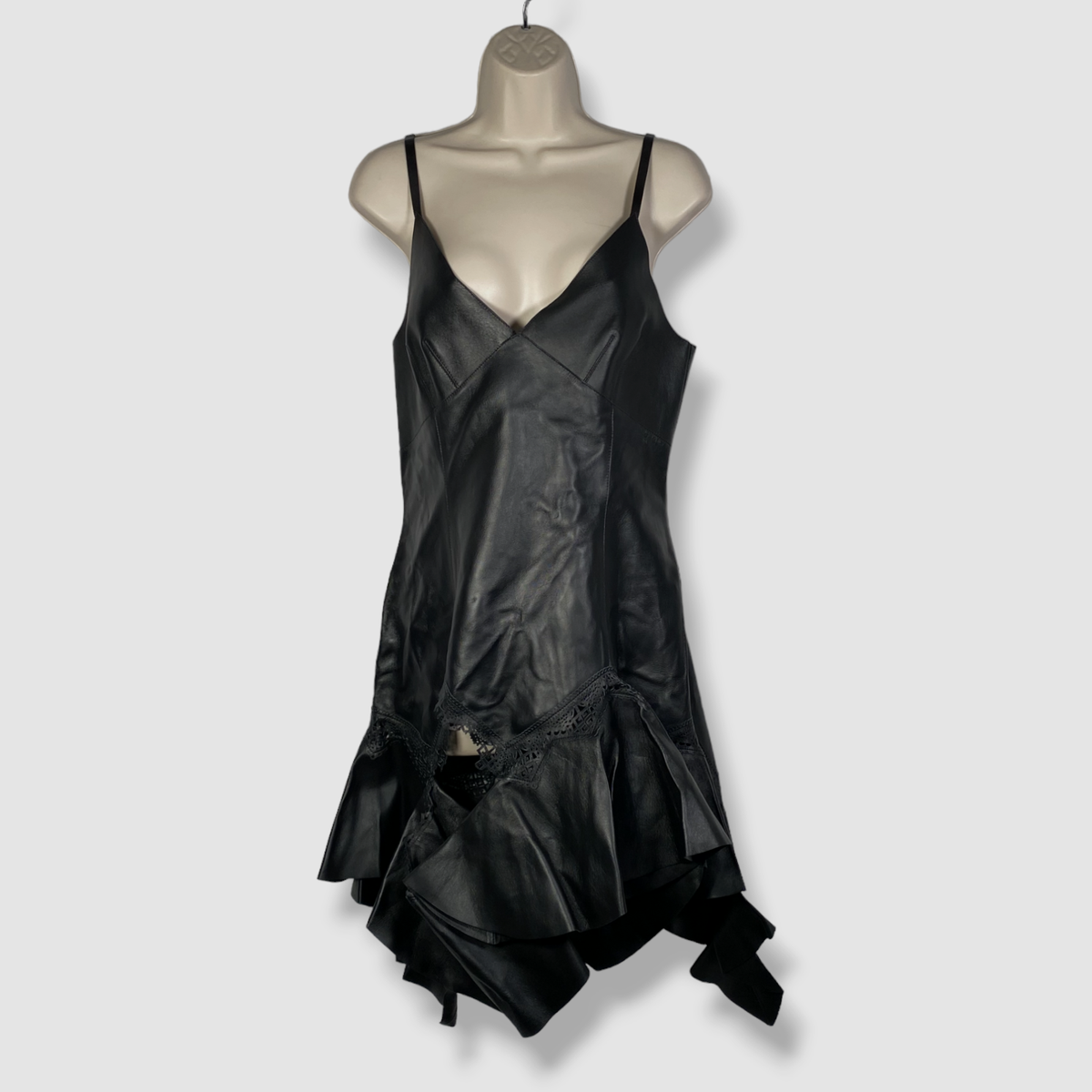 $6350 Givenchy Women's Black Leather Volan Lace Asymmetric Ruffle Dress Size 40 $6350 Givenchy Women's Black Leather Volan Lace Asymmetric Ruffle Dress Size 40