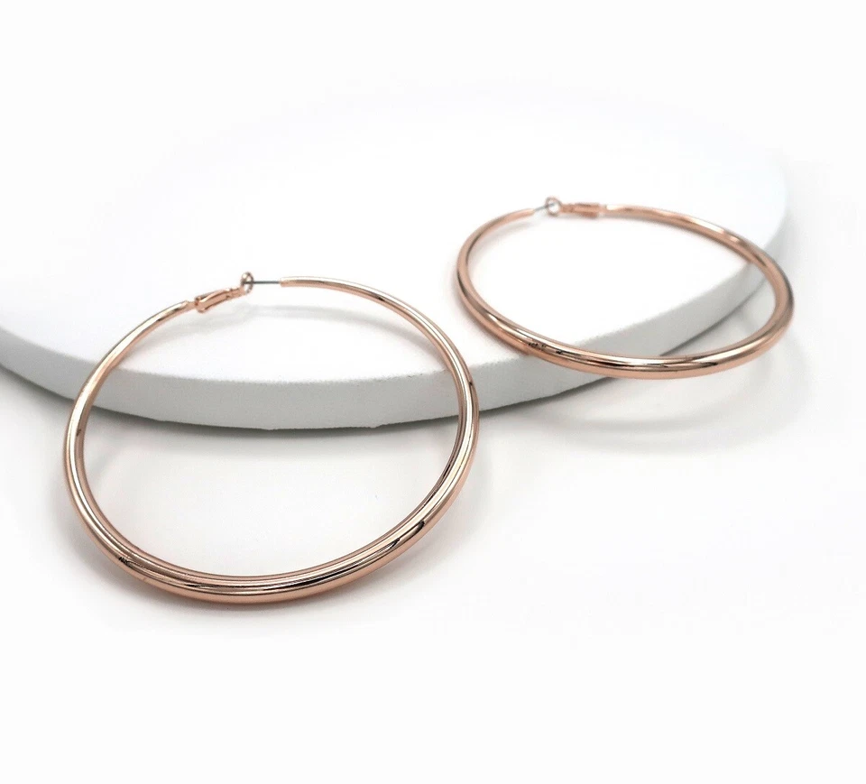 Pendientes de aro huecos de alta calidad 75 mm palanca poste trasero chapados en oro rosa de 18 k Foto 2 de 4