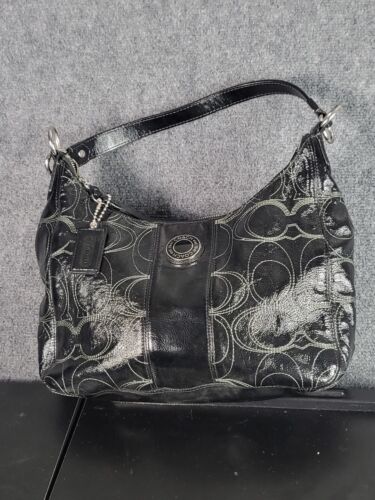 COACH SIGNATURE STITCHED BLACK PATENT LEATHER HOBO BAG E1261-F19282 Designer