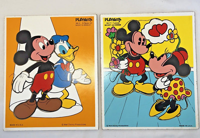 Disney Wooden Playskool Puzzles Mickey Minnie Donald Duck USA 190-17 190-13 Vtg
